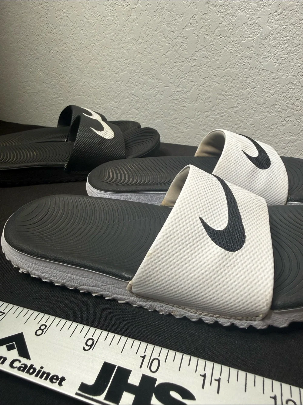 2 pairs Nike Kids Slide Sandals in Black & White with Swoosh size 12c